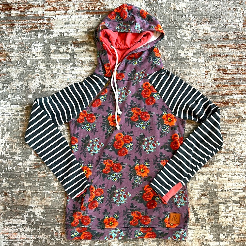 Floral Stripe Hoodie - Purple Floral with Black & White Stripes